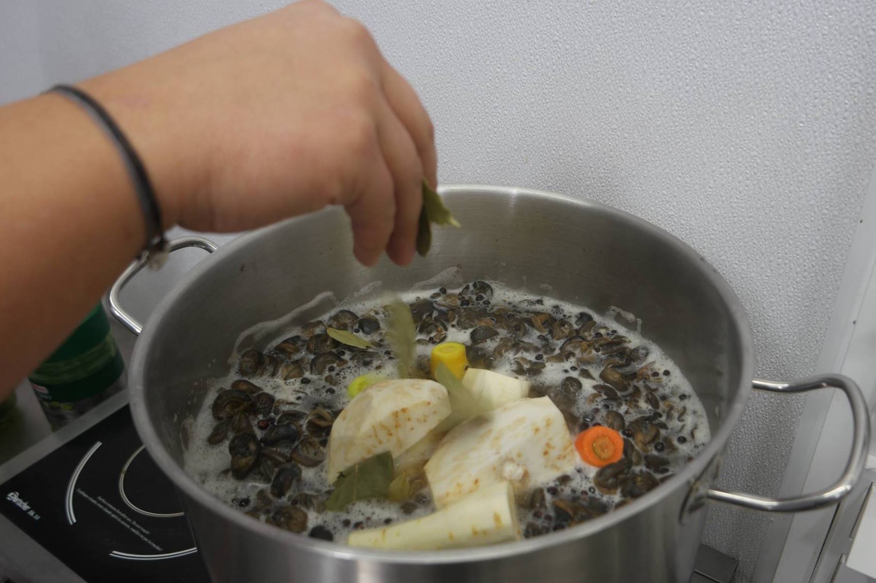 Escargots kochen, Schnecken vom Gugumuck-Hof, auf den Punkt gegart wir die Weinbergschnecke mit Wurzelgemüse verfeinert